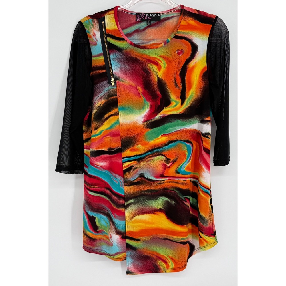Peck & Peck Womens Abstract Marble‎ Print Mesh Sleeve Zipper Tunic Top USA Sz S